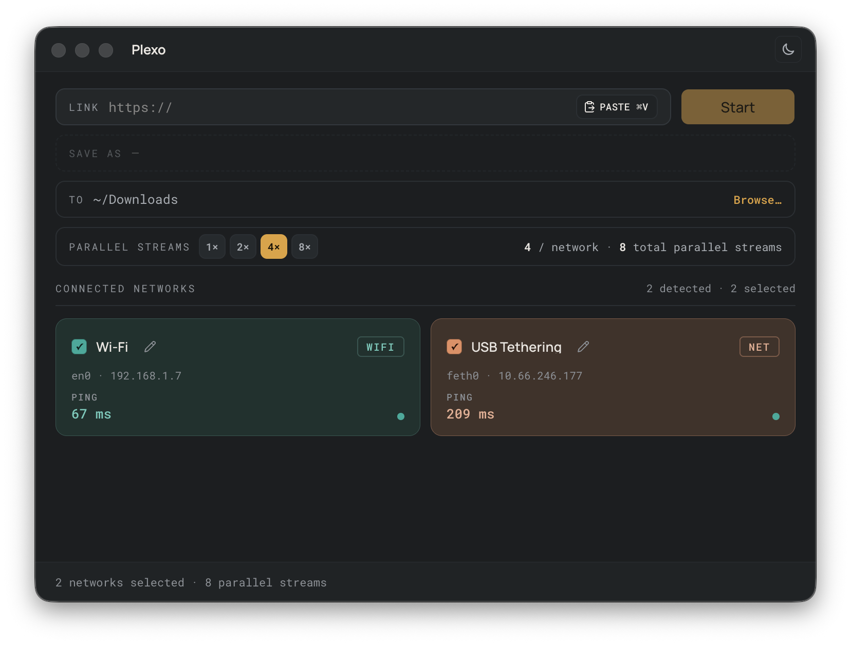 Tela de novo download: cole o link, escolha a pasta e marque as redes (no exemplo, Wi-Fi e USB Tethering) (print oficial, getplexo.app)